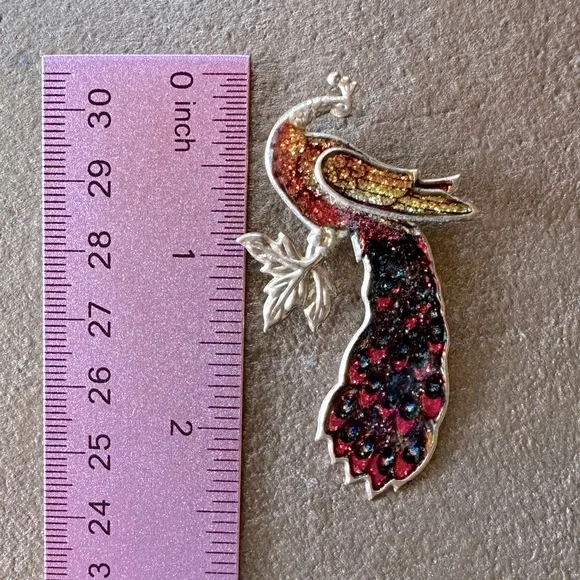 Vintage Bird Brooch Pin Glittering Peacock w/Leaf Red, Orange & Yellow Feathers - Picture 10 of 10